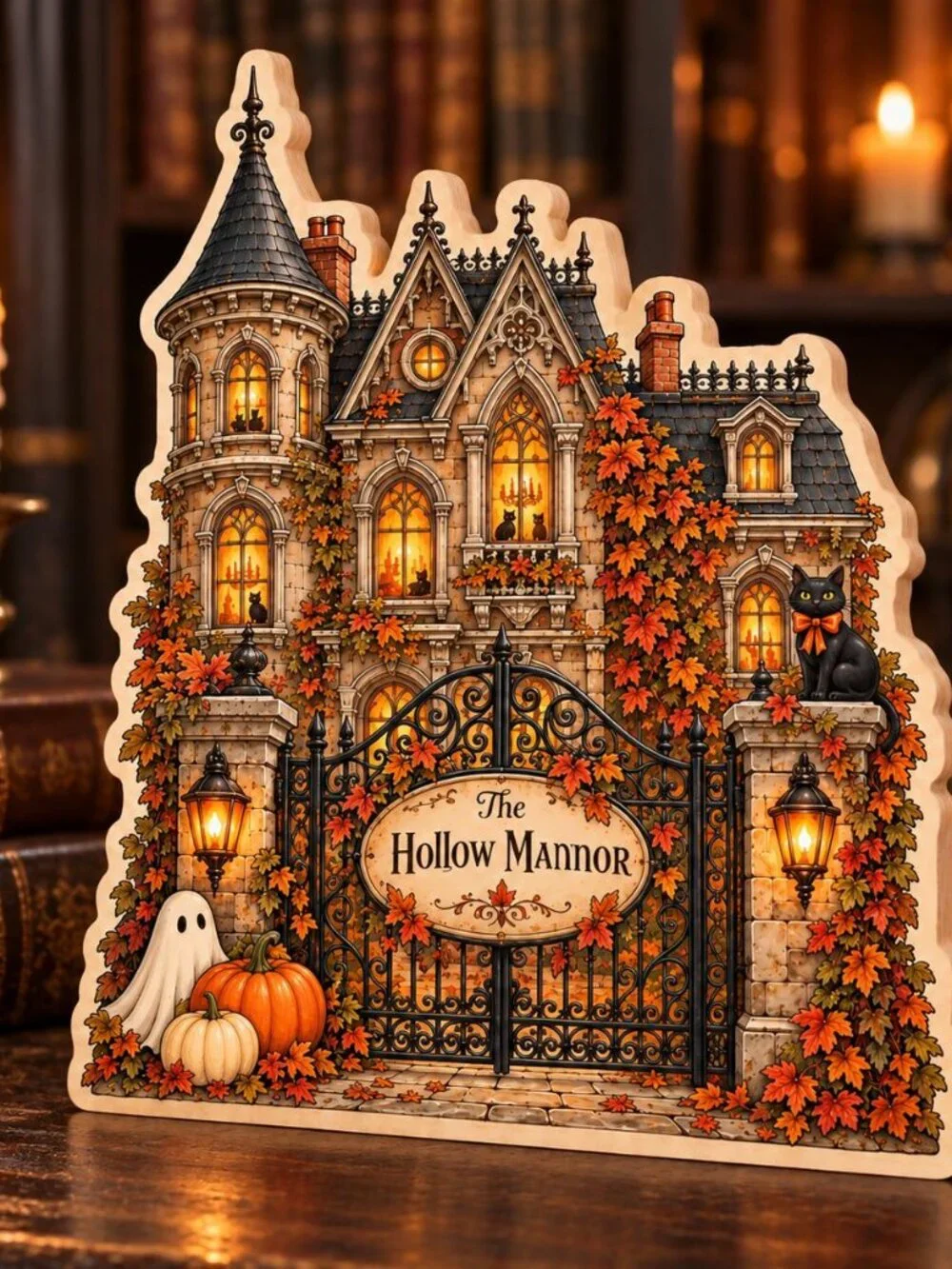 Halloween Hollow Manor 2D Flat Wooden Block, Vintage Haunted House Shelf Sitter